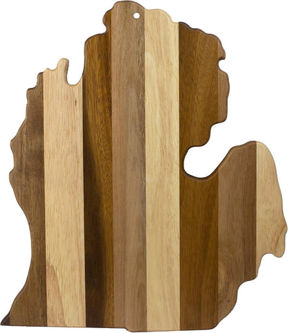 Rock & Branch Shiplap Michigan State Shaped Wood Cutting Board | State charcuterie board with a rustic shiplap look. Knife-friendly surface for food prep. Hang tie for wall display.