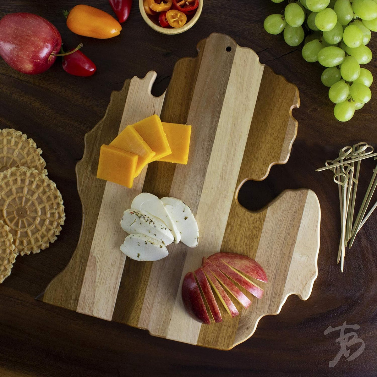 Rock & Branch Shiplap Michigan State Shaped Wood Cutting Board | State charcuterie board with a rustic shiplap look. Knife-friendly surface for food prep. Hang tie for wall display.