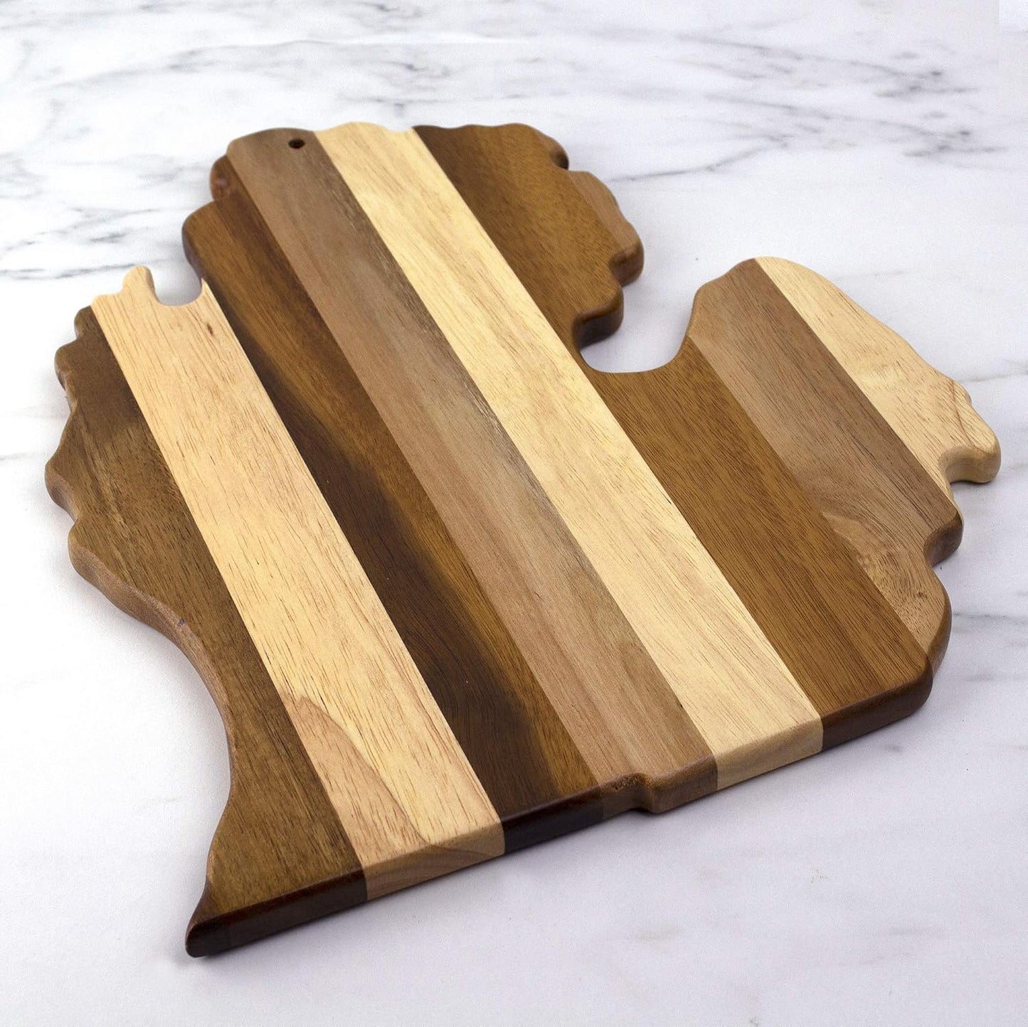 Rock & Branch Shiplap Michigan State Shaped Wood Cutting Board | State charcuterie board with a rustic shiplap look. Knife-friendly surface for food prep. Hang tie for wall display.