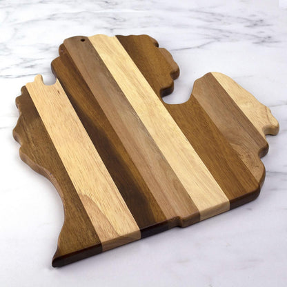 Rock & Branch Shiplap Michigan State Shaped Wood Cutting Board | State charcuterie board with a rustic shiplap look. Knife-friendly surface for food prep. Hang tie for wall display.