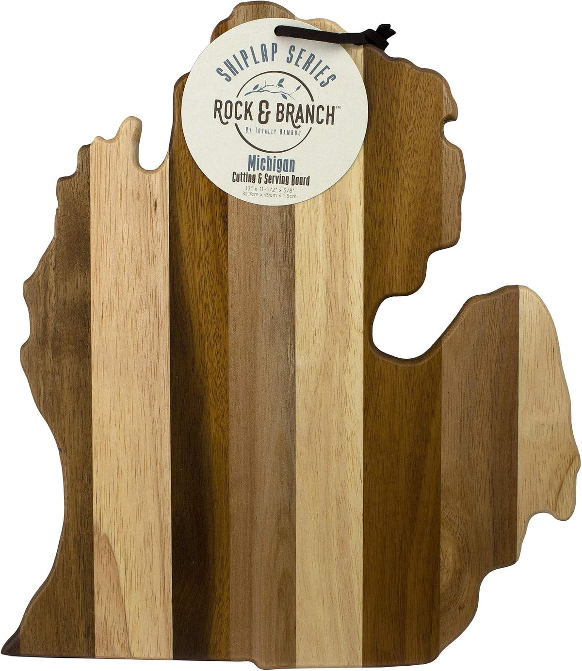 Rock & Branch Shiplap Michigan State Shaped Wood Cutting Board | State charcuterie board with a rustic shiplap look. Knife-friendly surface for food prep. Hang tie for wall display.