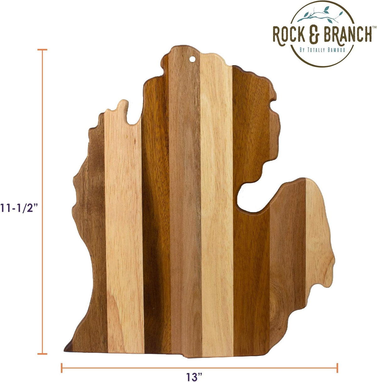 Rock & Branch Shiplap Michigan State Shaped Wood Cutting Board | State charcuterie board with a rustic shiplap look. Knife-friendly surface for food prep. Hang tie for wall display.