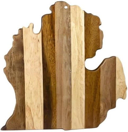 Rock & Branch Shiplap Michigan State Shaped Wood Cutting Board | State charcuterie board with a rustic shiplap look. Knife-friendly surface for food prep. Hang tie for wall display.