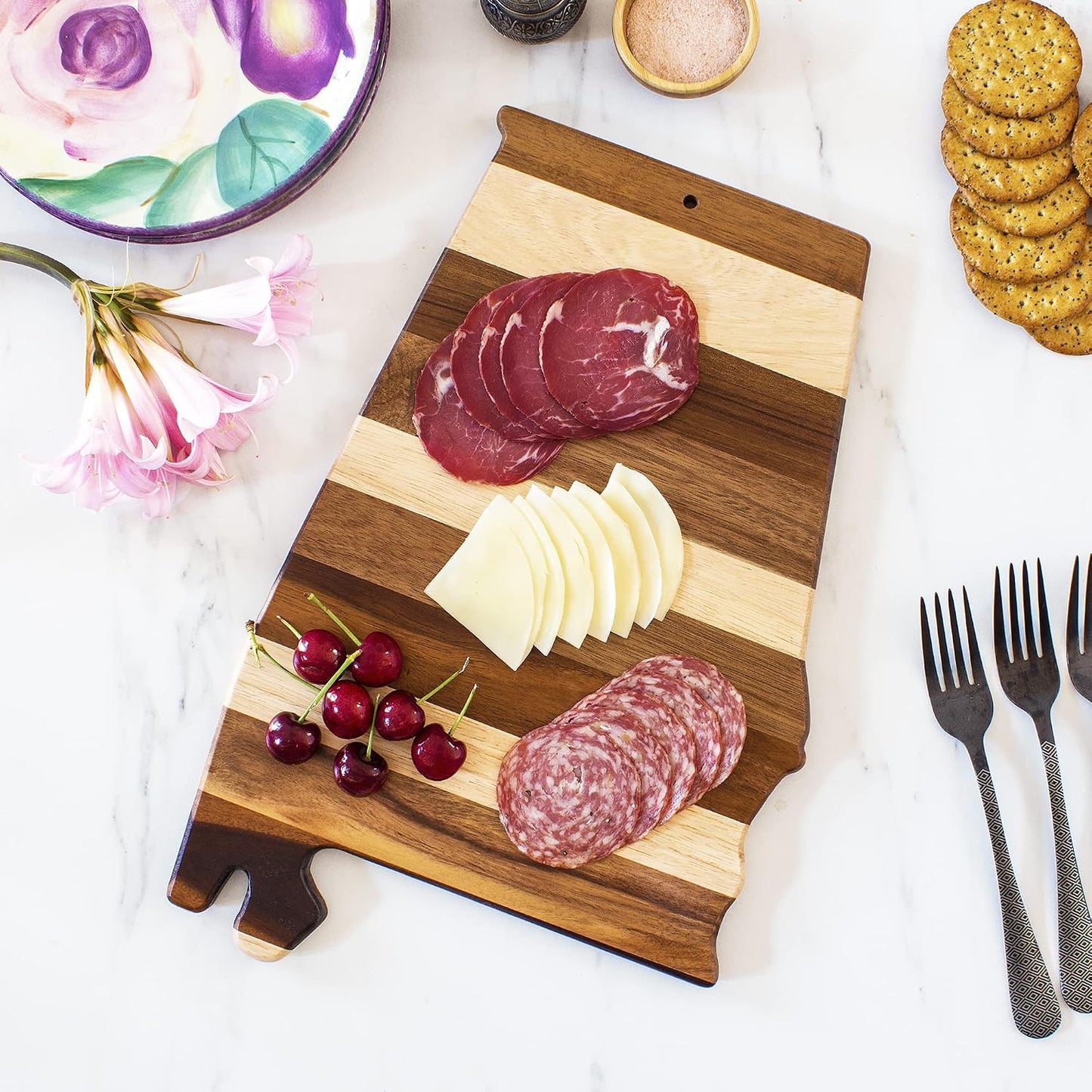 Rock & Branch Shiplap Michigan State Shaped Wood Cutting Board | State charcuterie board with a rustic shiplap look. Knife-friendly surface for food prep. Hang tie for wall display.