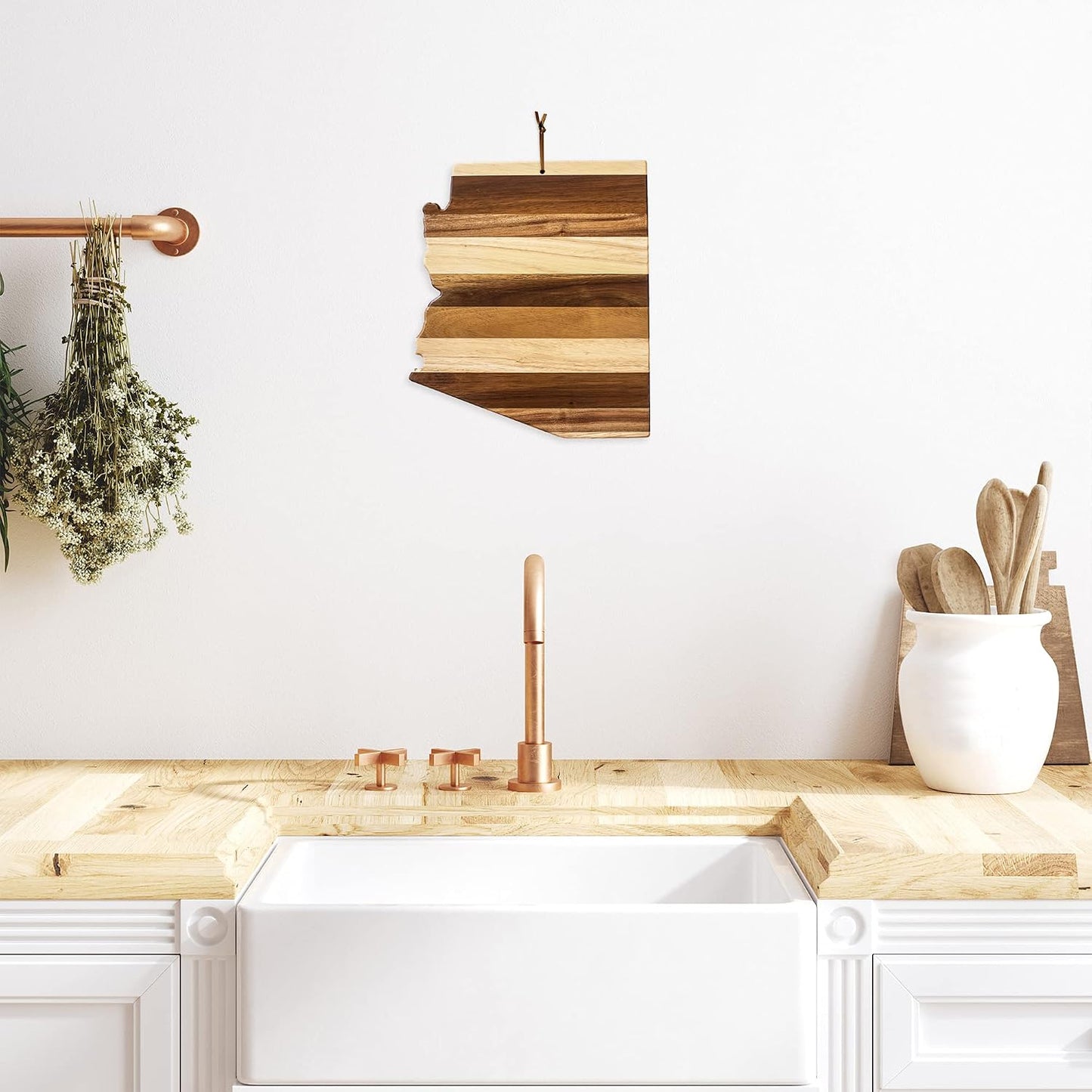 Rock & Branch Shiplap Michigan State Shaped Wood Cutting Board | State charcuterie board with a rustic shiplap look. Knife-friendly surface for food prep. Hang tie for wall display.