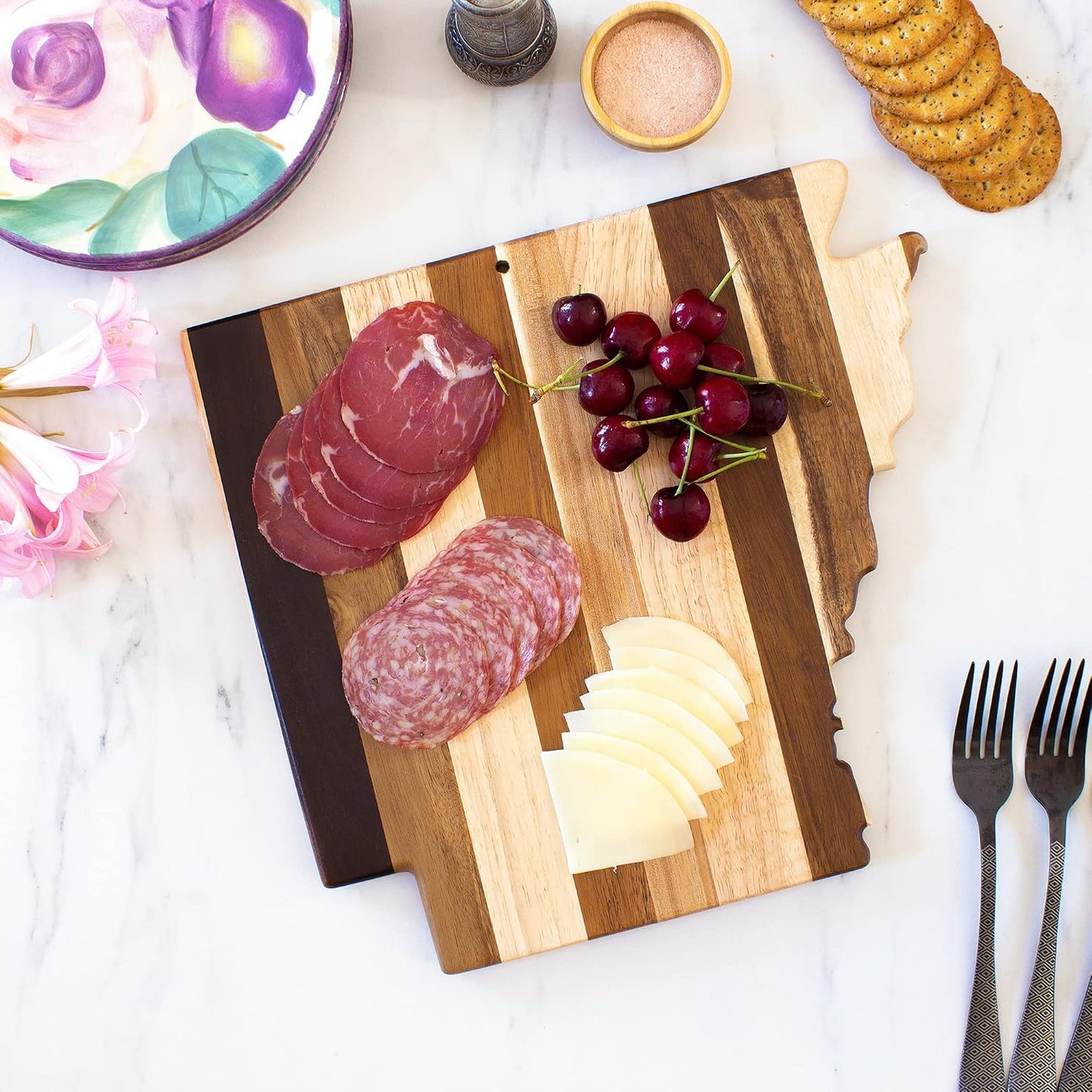 Rock & Branch Shiplap Michigan State Shaped Wood Cutting Board | State charcuterie board with a rustic shiplap look. Knife-friendly surface for food prep. Hang tie for wall display.