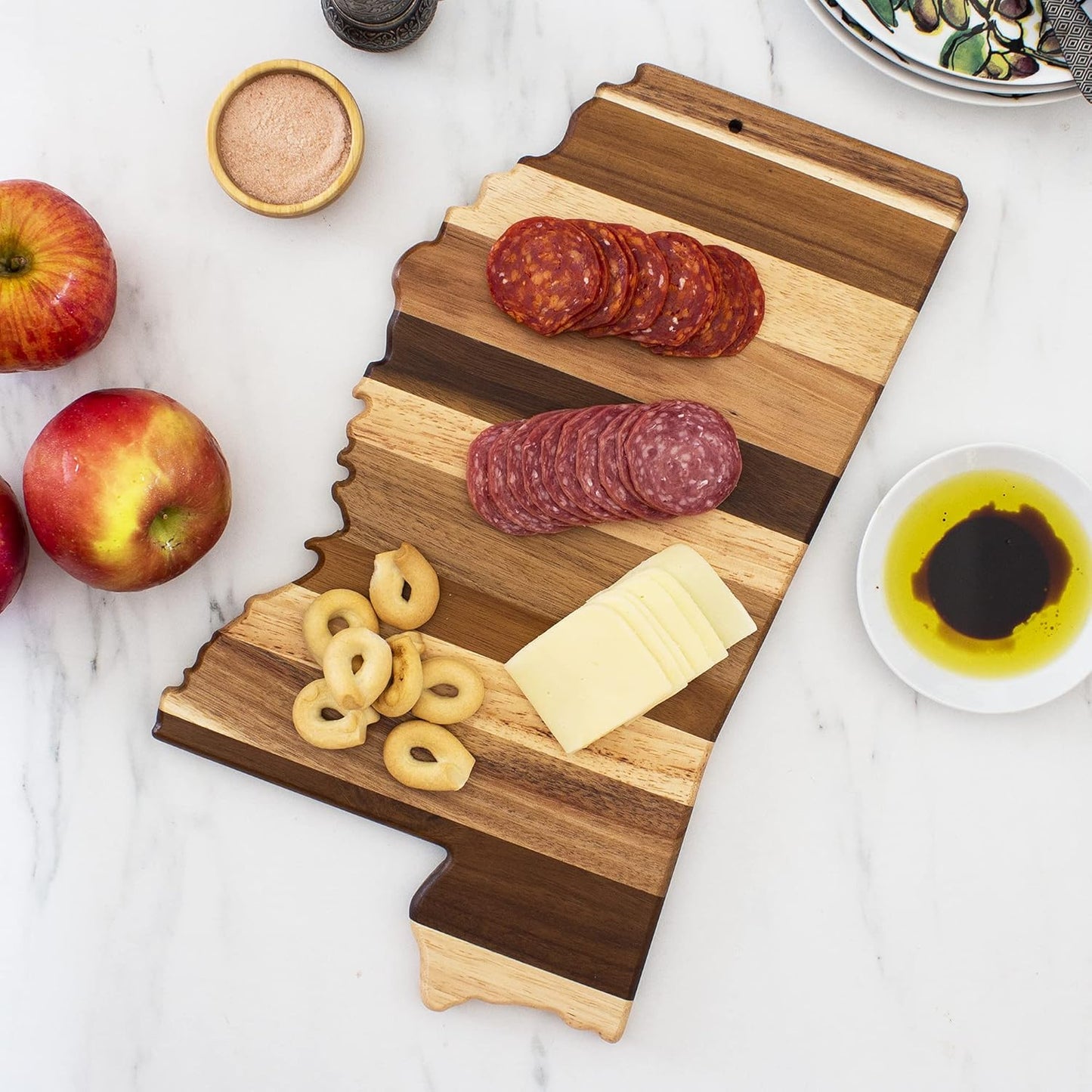 Rock & Branch Shiplap Michigan State Shaped Wood Cutting Board | State charcuterie board with a rustic shiplap look. Knife-friendly surface for food prep. Hang tie for wall display.
