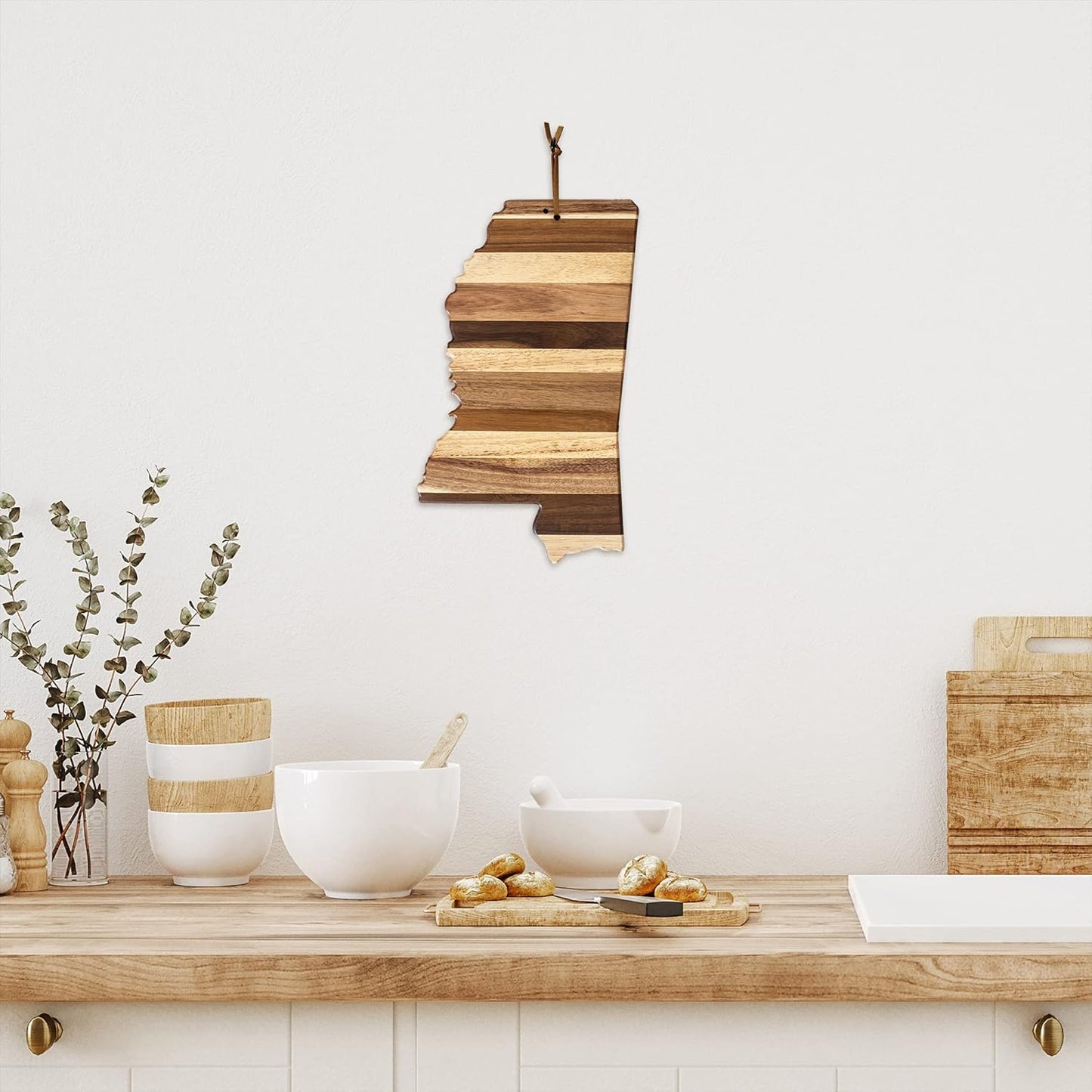 Rock & Branch Shiplap Michigan State Shaped Wood Cutting Board | State charcuterie board with a rustic shiplap look. Knife-friendly surface for food prep. Hang tie for wall display.