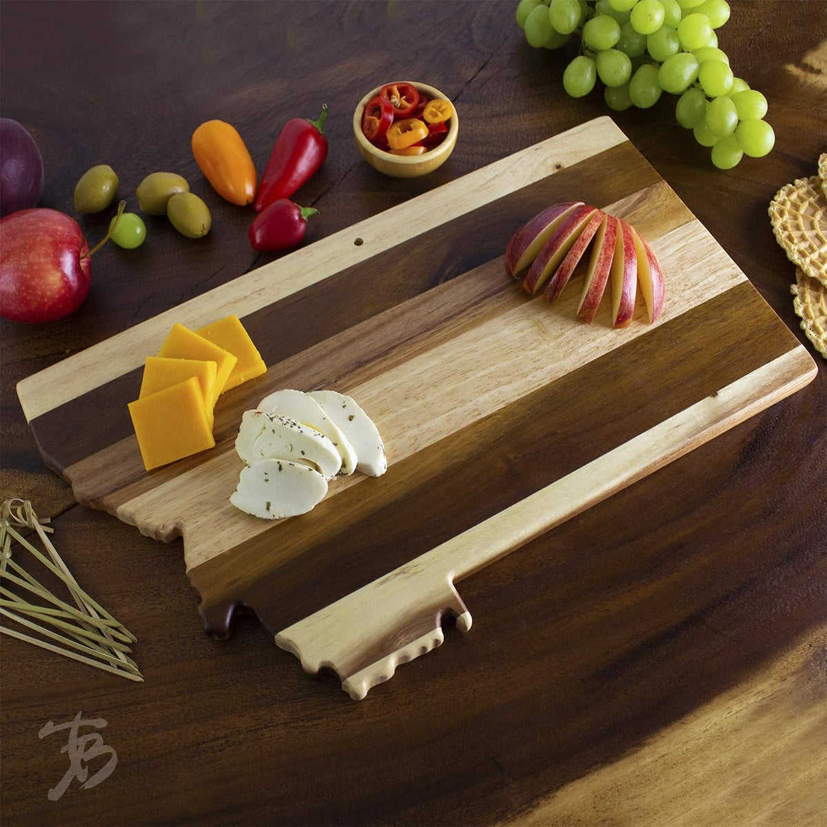 Rock & Branch Shiplap Michigan State Shaped Wood Cutting Board | State charcuterie board with a rustic shiplap look. Knife-friendly surface for food prep. Hang tie for wall display.