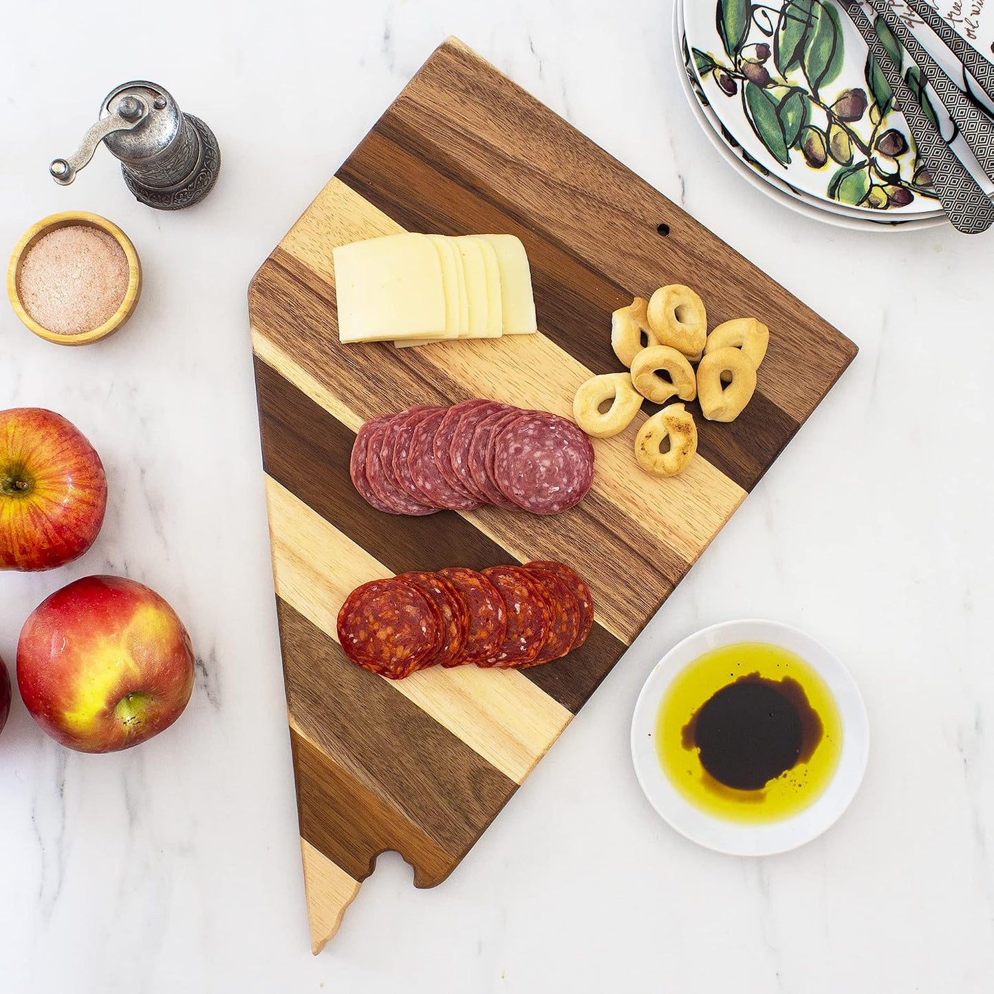 Rock & Branch Shiplap Michigan State Shaped Wood Cutting Board | State charcuterie board with a rustic shiplap look. Knife-friendly surface for food prep. Hang tie for wall display.