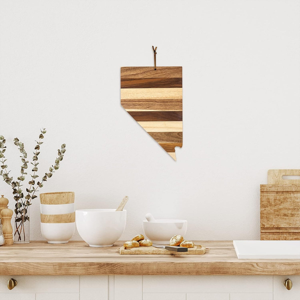 Rock & Branch Shiplap Michigan State Shaped Wood Cutting Board | State charcuterie board with a rustic shiplap look. Knife-friendly surface for food prep. Hang tie for wall display.