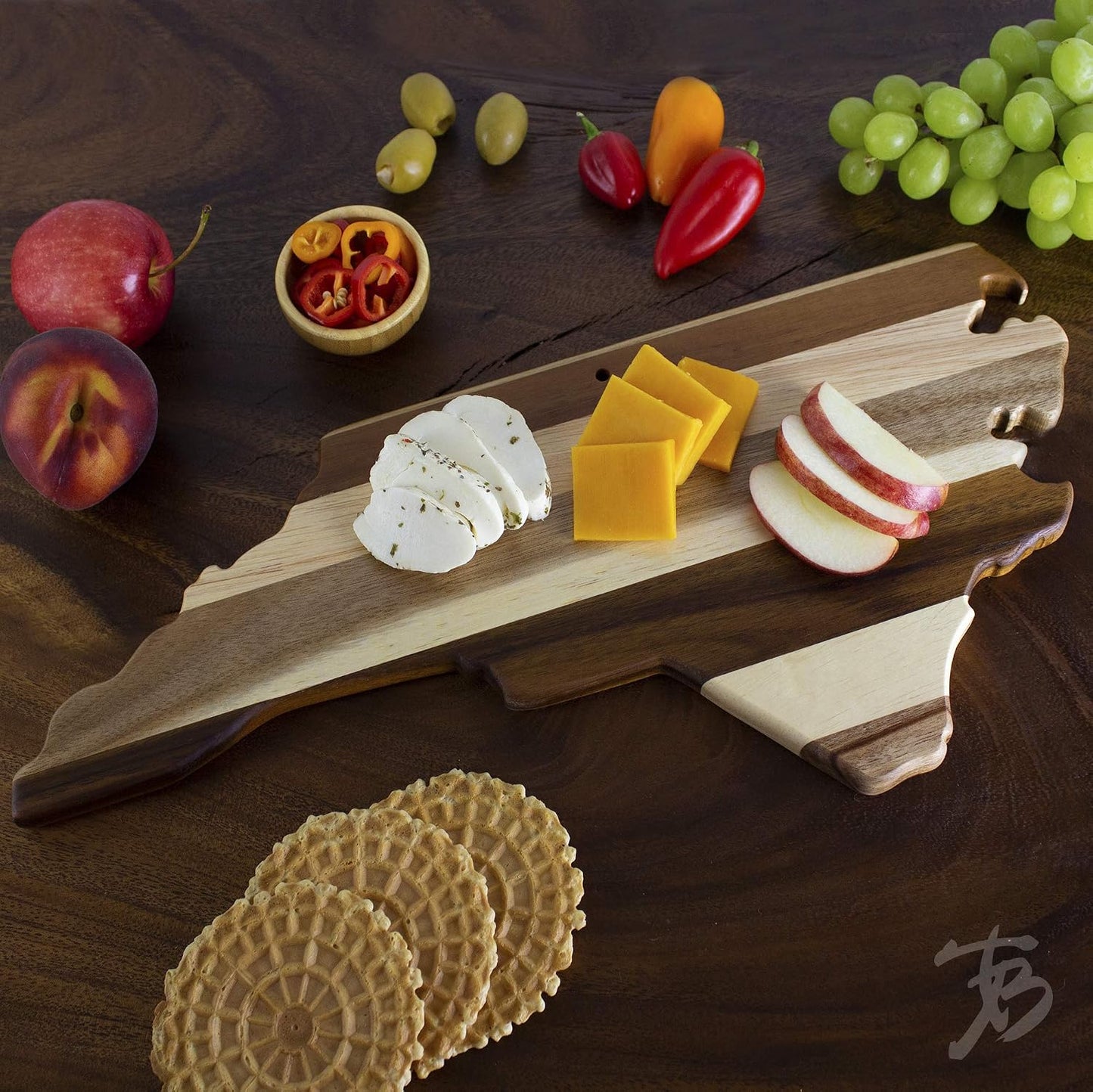 Rock & Branch Shiplap Michigan State Shaped Wood Cutting Board | State charcuterie board with a rustic shiplap look. Knife-friendly surface for food prep. Hang tie for wall display.