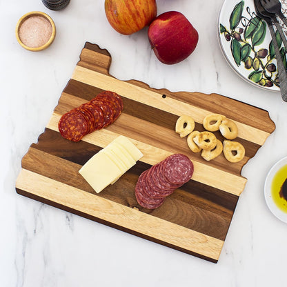 Rock & Branch Shiplap Michigan State Shaped Wood Cutting Board | State charcuterie board with a rustic shiplap look. Knife-friendly surface for food prep. Hang tie for wall display.