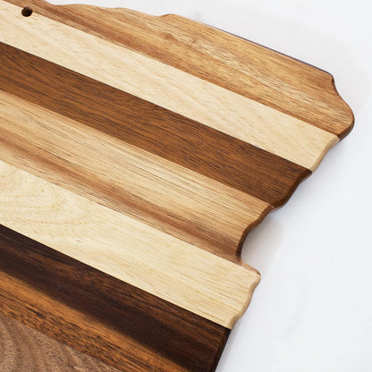 Rock & Branch Shiplap Michigan State Shaped Wood Cutting Board | State charcuterie board with a rustic shiplap look. Knife-friendly surface for food prep. Hang tie for wall display.