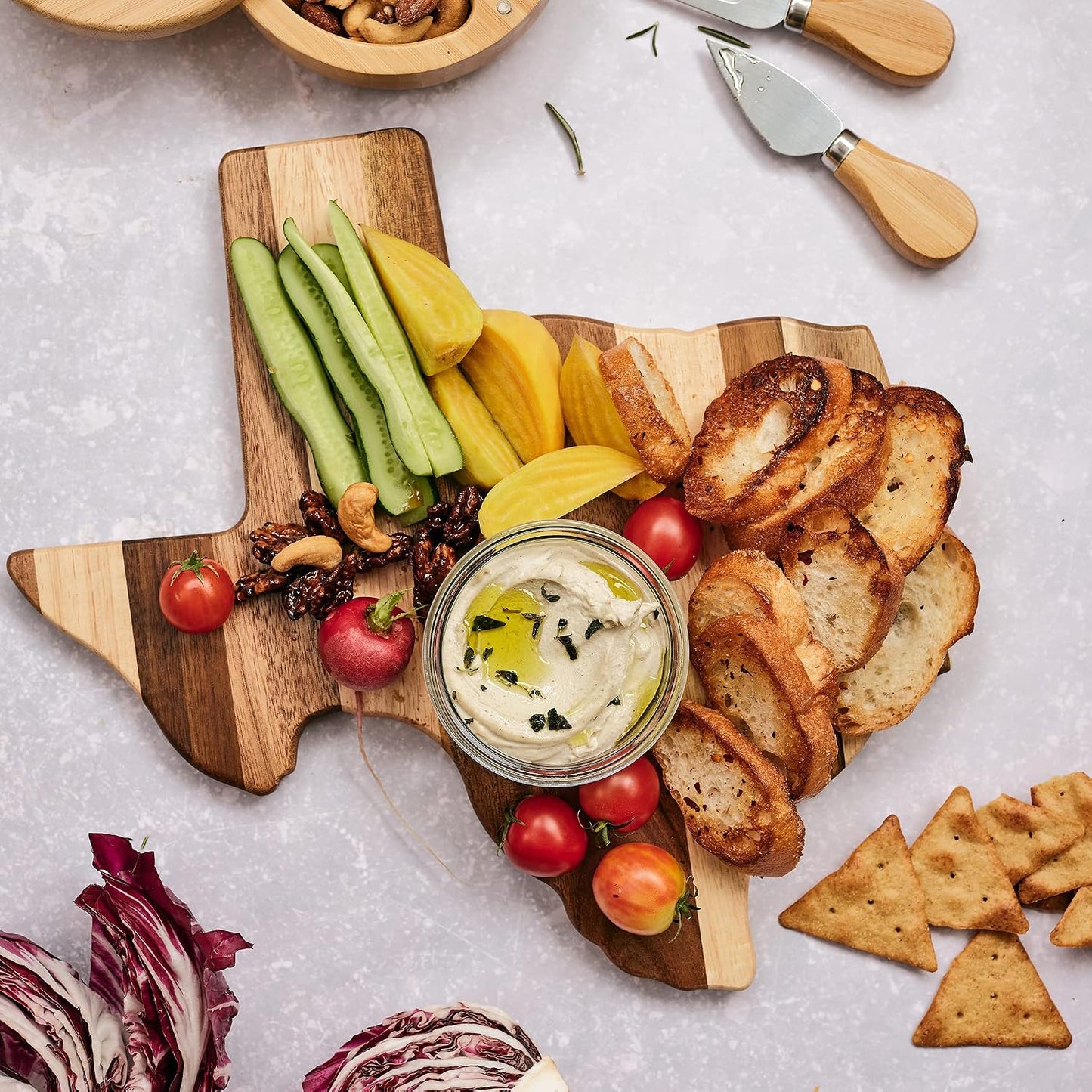 Rock & Branch Shiplap Michigan State Shaped Wood Cutting Board | State charcuterie board with a rustic shiplap look. Knife-friendly surface for food prep. Hang tie for wall display.