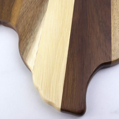 Rock & Branch Shiplap Michigan State Shaped Wood Cutting Board | State charcuterie board with a rustic shiplap look. Knife-friendly surface for food prep. Hang tie for wall display.