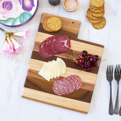 Rock & Branch Shiplap Michigan State Shaped Wood Cutting Board | State charcuterie board with a rustic shiplap look. Knife-friendly surface for food prep. Hang tie for wall display.