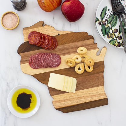 Rock & Branch Shiplap Michigan State Shaped Wood Cutting Board | State charcuterie board with a rustic shiplap look. Knife-friendly surface for food prep. Hang tie for wall display.