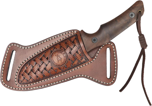 Leather Fixed Blade Knife Sheath Cross Draw Belt Holster EDC Knives Holder | Leather Construction,Right Handed,Angle For Fast,Natural Draw,2" Wide Belt Loop,Fit Up To 5" Blade,For Camping Hiking Hunting