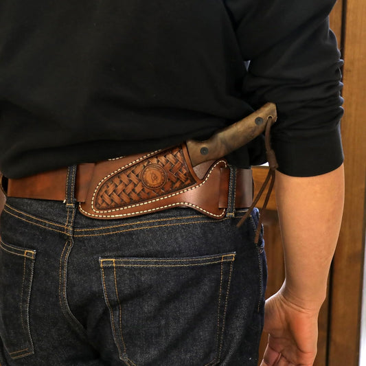 Leather Fixed Blade Knife Sheath Cross Draw Belt Holster EDC Knives Holder | Leather Construction,Right Handed,Angle For Fast,Natural Draw,2" Wide Belt Loop,Fit Up To 5" Blade,For Camping Hiking Hunting