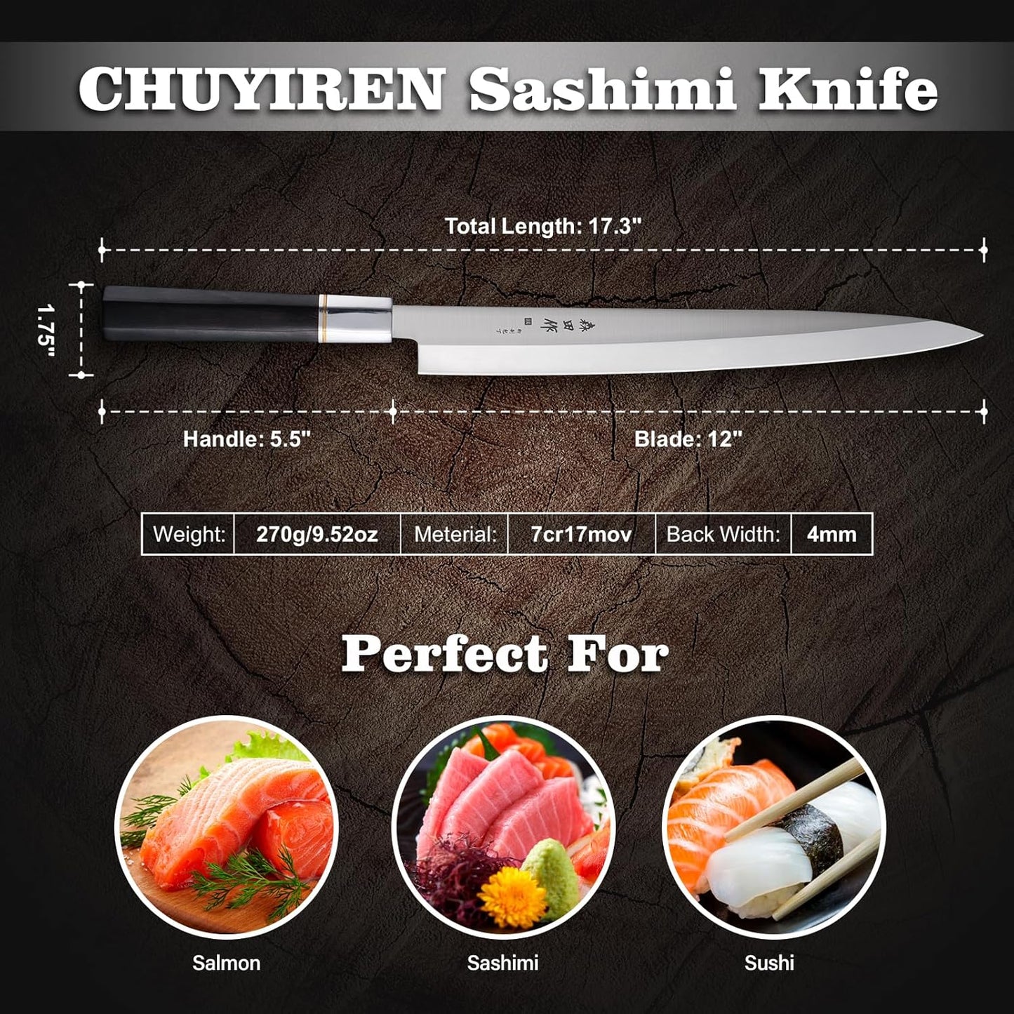 Sushi Knife 12 inch(300mm),7Cr17MoV,Octagonal Ebony Handle | Sashimi Knife/Yanagiba Knife with 7Cr17MoV High Carbon Stainless Steel Blade for Cutting Sushi & Sashimi, Fish Filleting