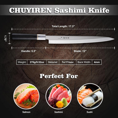 Sushi Knife 12 inch(300mm),7Cr17MoV,Octagonal Ebony Handle | Sashimi Knife/Yanagiba Knife with 7Cr17MoV High Carbon Stainless Steel Blade for Cutting Sushi & Sashimi, Fish Filleting