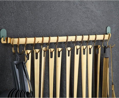 Kitchen Utensil Rail Organizer - Wall Mounted Gourmet Rack With 14 Hooks for Hanging Knives, Mugs, Spatulas, Pots and Utensils