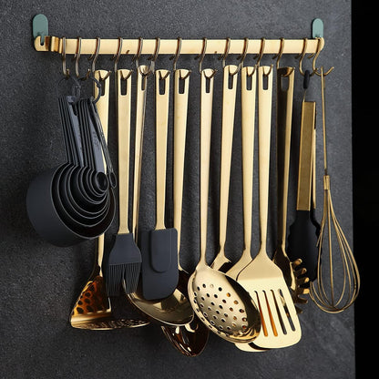 Kitchen Utensil Rail Organizer - Wall Mounted Gourmet Rack With 14 Hooks for Hanging Knives, Mugs, Spatulas, Pots and Utensils