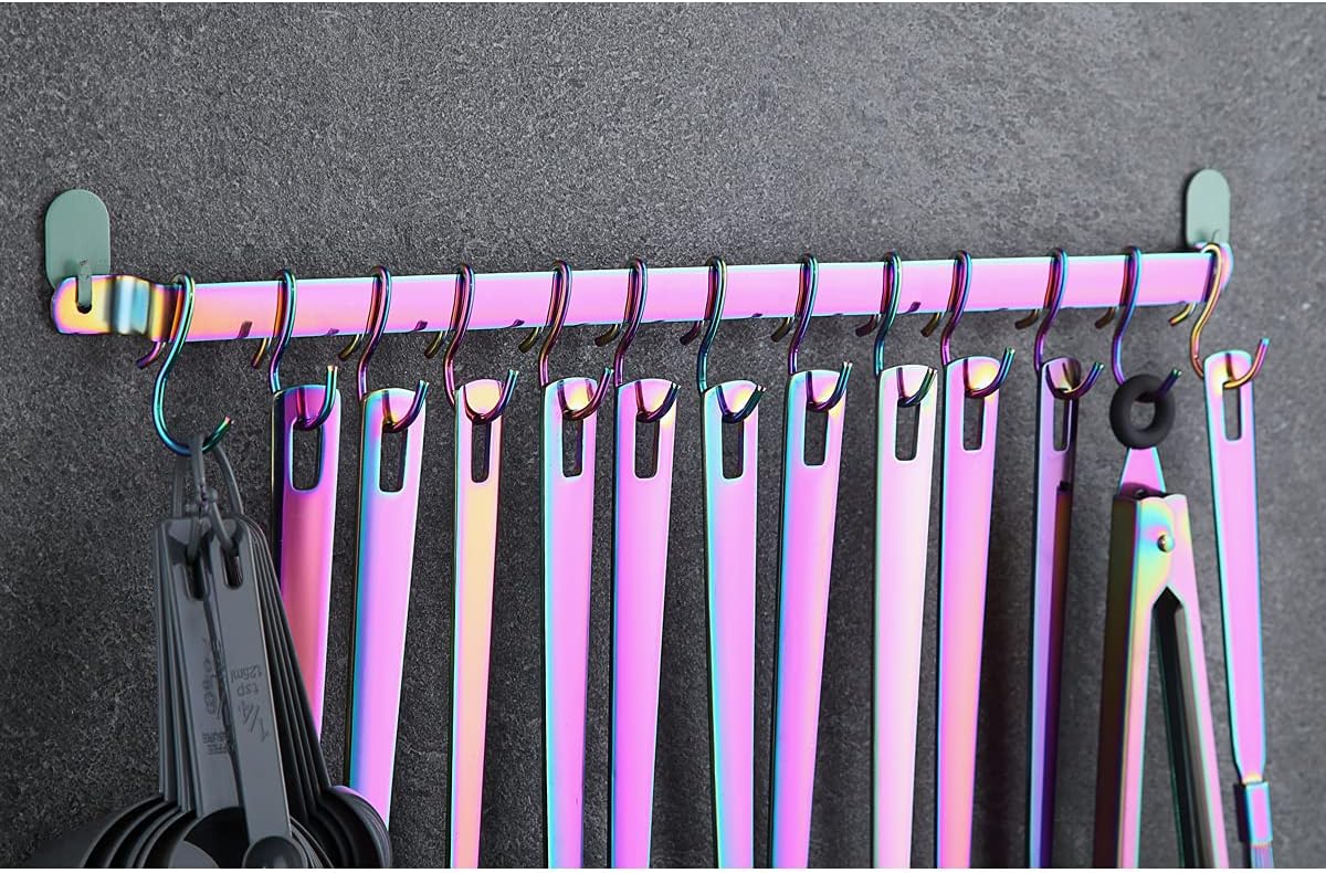 Kitchen Utensil Rail Organizer - Wall Mounted Gourmet Rack With 14 Hooks for Hanging Knives, Mugs, Spatulas, Pots and Utensils