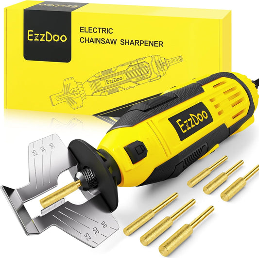 Electric Chainsaw Sharpener Kit with 6 Titanium-Coated Diamond Bits - Handheld Chain Saw Sharpener Tool for All Chains - No Removal Required, Easy and Fast Chainsaw Sharpening Kit