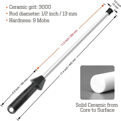 Total L.17.5-Inch/Rod L.12-Inch 3000-Grit Ceramic Sharpening Steel with Built-In Angle Guides and Anti-Breaking Cap, Sharpening Rod, Knife Steel, Ceramic Honing rod, Chaira Afilador Cuchillos