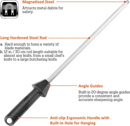 Total L.17.5-Inch/Rod L.12-Inch 3000-Grit Ceramic Sharpening Steel with Built-In Angle Guides and Anti-Breaking Cap, Sharpening Rod, Knife Steel, Ceramic Honing rod, Chaira Afilador Cuchillos