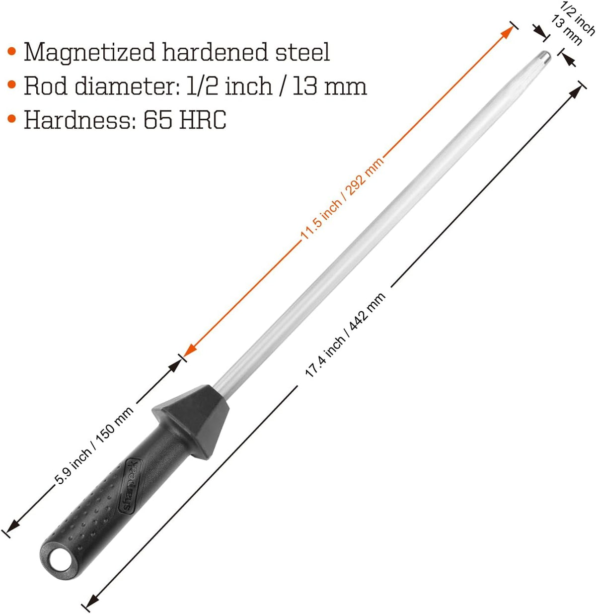 Total L.17.5-Inch/Rod L.12-Inch 3000-Grit Ceramic Sharpening Steel with Built-In Angle Guides and Anti-Breaking Cap, Sharpening Rod, Knife Steel, Ceramic Honing rod, Chaira Afilador Cuchillos