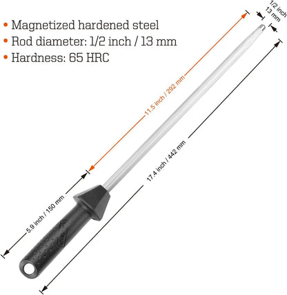 Total L.17.5-Inch/Rod L.12-Inch 3000-Grit Ceramic Sharpening Steel with Built-In Angle Guides and Anti-Breaking Cap, Sharpening Rod, Knife Steel, Ceramic Honing rod, Chaira Afilador Cuchillos
