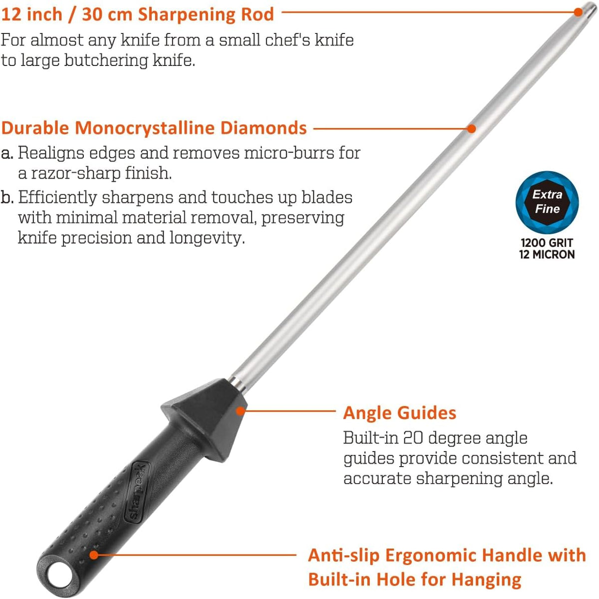 Total L.17.5-Inch/Rod L.12-Inch 3000-Grit Ceramic Sharpening Steel with Built-In Angle Guides and Anti-Breaking Cap, Sharpening Rod, Knife Steel, Ceramic Honing rod, Chaira Afilador Cuchillos