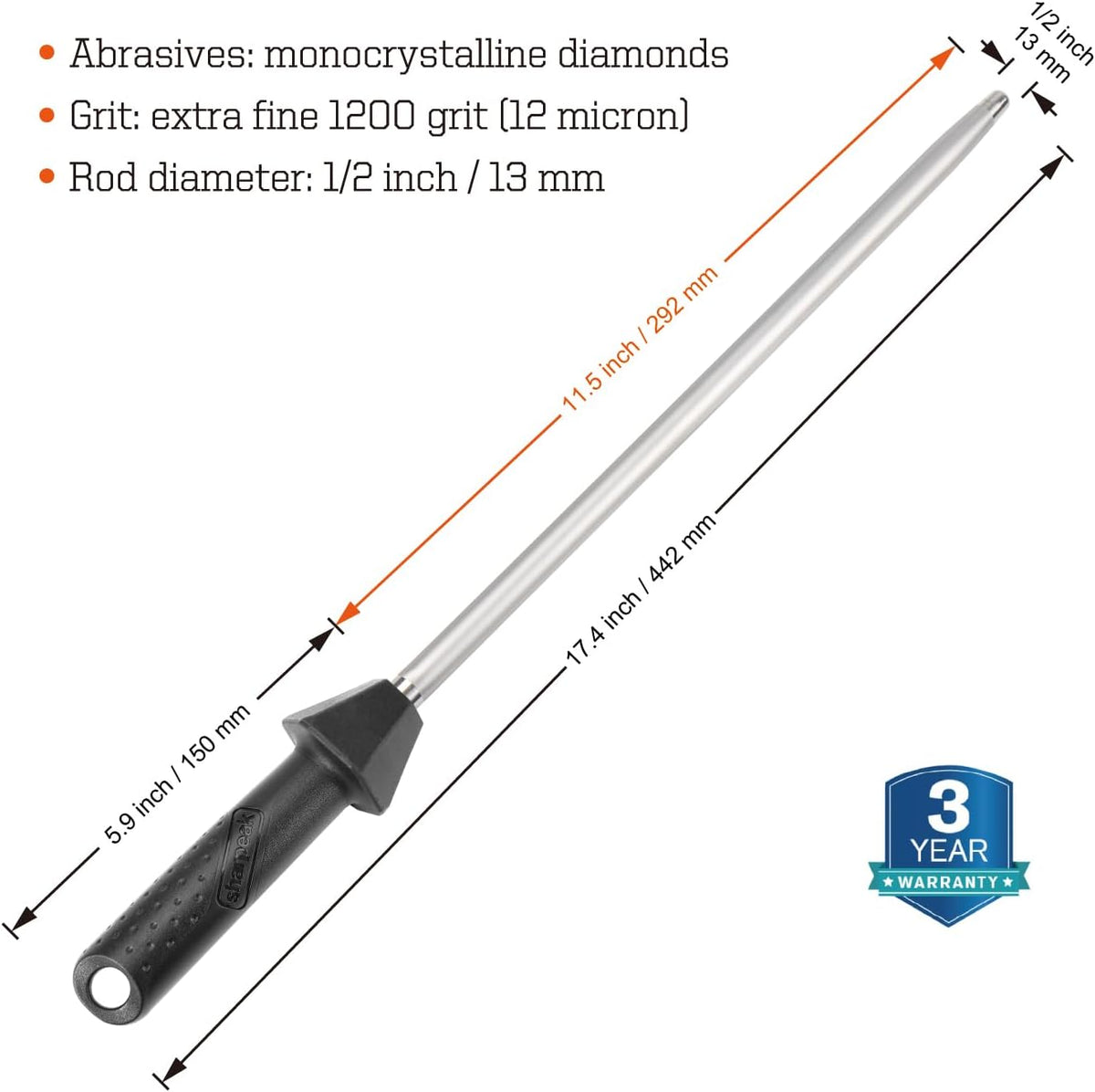 Total L.17.5-Inch/Rod L.12-Inch 3000-Grit Ceramic Sharpening Steel with Built-In Angle Guides and Anti-Breaking Cap, Sharpening Rod, Knife Steel, Ceramic Honing rod, Chaira Afilador Cuchillos