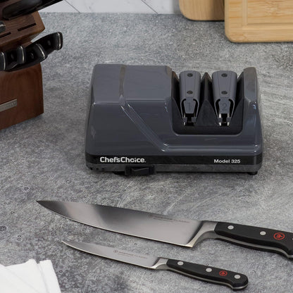 Professional Electric Knife Sharpeners Sharp-N-Hone With 100-Percent Diamond Abrasives And Precision Angle Guides For 20-Degree Straight-Edge and Serrated Knives, 2-Stage, Gray