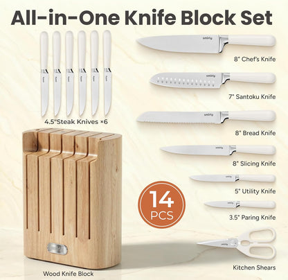 14-Piece Kitchen Knife Set with Block, Razor-Sharp, Cream White | High Carbon Stainless Steel Blades, Dishwasher Safe, with a Magnetic Block for Slicing, Chopping and Everyday Meal Prep