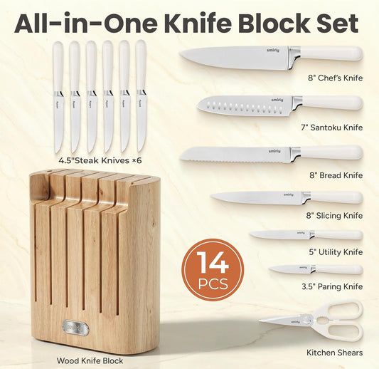 14-Piece Kitchen Knife Set with Block, Razor-Sharp, Cream White | High Carbon Stainless Steel Blades, Dishwasher Safe, with a Magnetic Block for Slicing, Chopping and Everyday Meal Prep