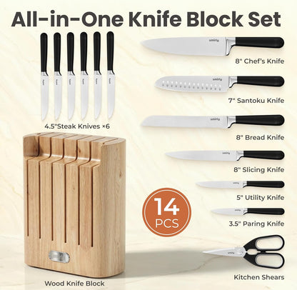 14-Piece Kitchen Knife Set with Block, Razor-Sharp, Cream White | High Carbon Stainless Steel Blades, Dishwasher Safe, with a Magnetic Block for Slicing, Chopping and Everyday Meal Prep
