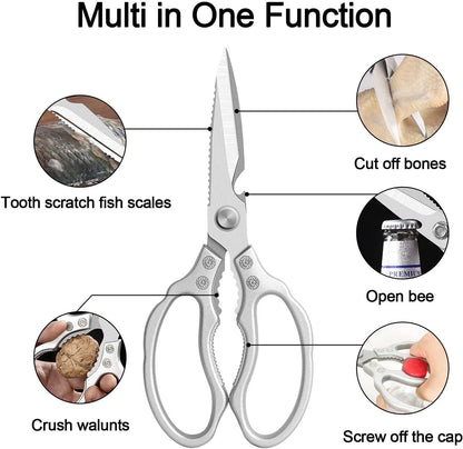 AWinjoy Heavy Duty Sharp Kitchen Scissors, Dishwasher Safe, Cooking Shears for Meat, Chicken, Fish, Poultry, Herb, Bread (Silver)