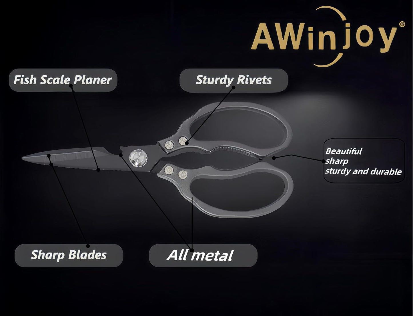 AWinjoy Heavy Duty Sharp Kitchen Scissors, Dishwasher Safe, Cooking Shears for Meat, Chicken, Fish, Poultry, Herb, Bread (Silver)