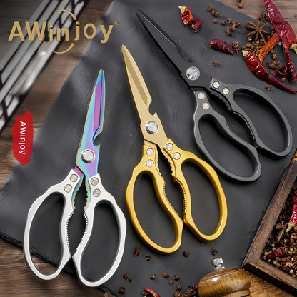 AWinjoy Heavy Duty Sharp Kitchen Scissors, Dishwasher Safe, Cooking Shears for Meat, Chicken, Fish, Poultry, Herb, Bread (Silver)