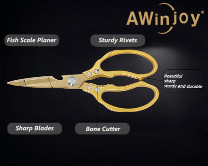 AWinjoy Heavy Duty Sharp Kitchen Scissors, Dishwasher Safe, Cooking Shears for Meat, Chicken, Fish, Poultry, Herb, Bread (Silver)