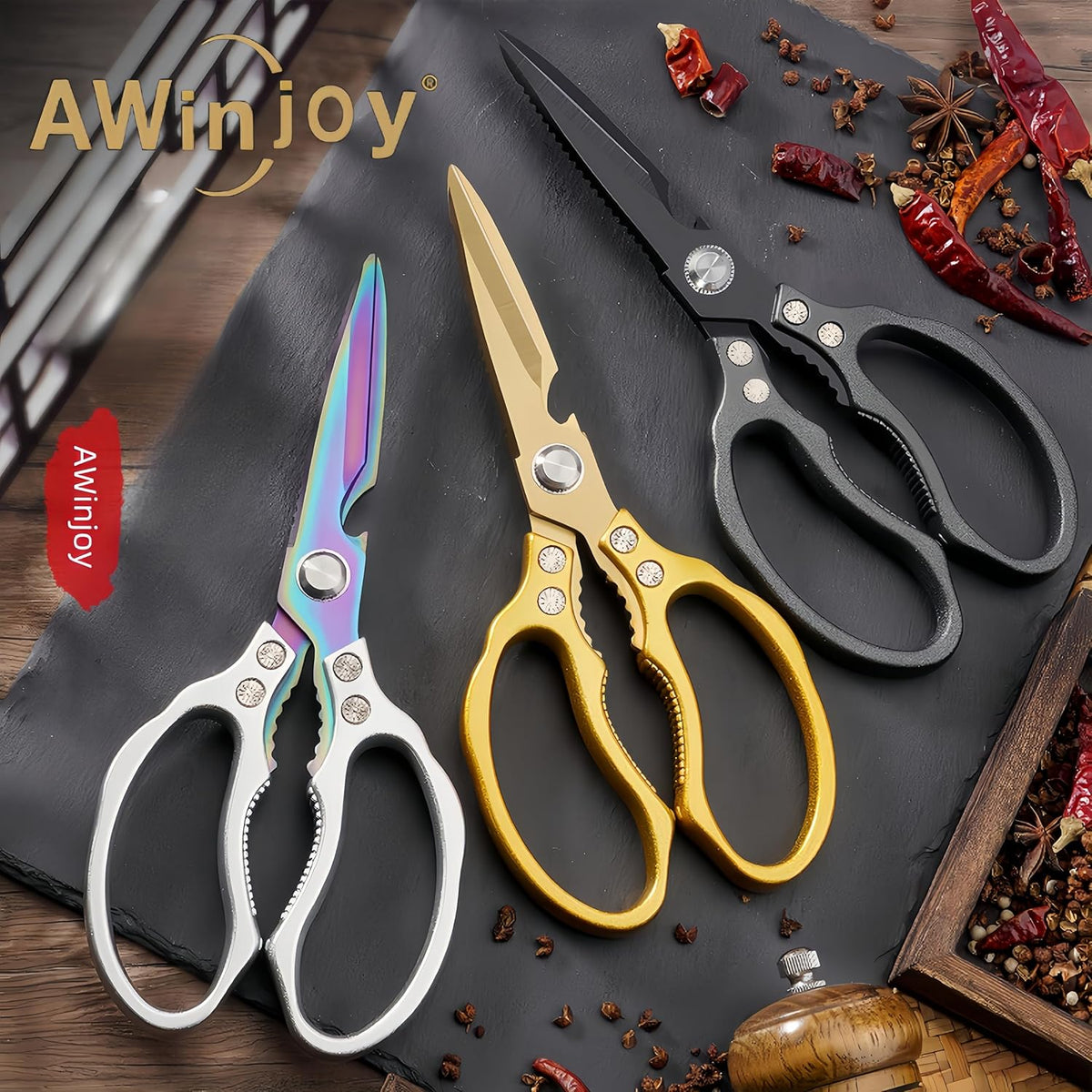 AWinjoy Heavy Duty Sharp Kitchen Scissors, Dishwasher Safe, Cooking Shears for Meat, Chicken, Fish, Poultry, Herb, Bread (Silver)