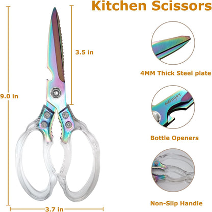 AWinjoy Heavy Duty Sharp Kitchen Scissors, Dishwasher Safe, Cooking Shears for Meat, Chicken, Fish, Poultry, Herb, Bread (Silver)