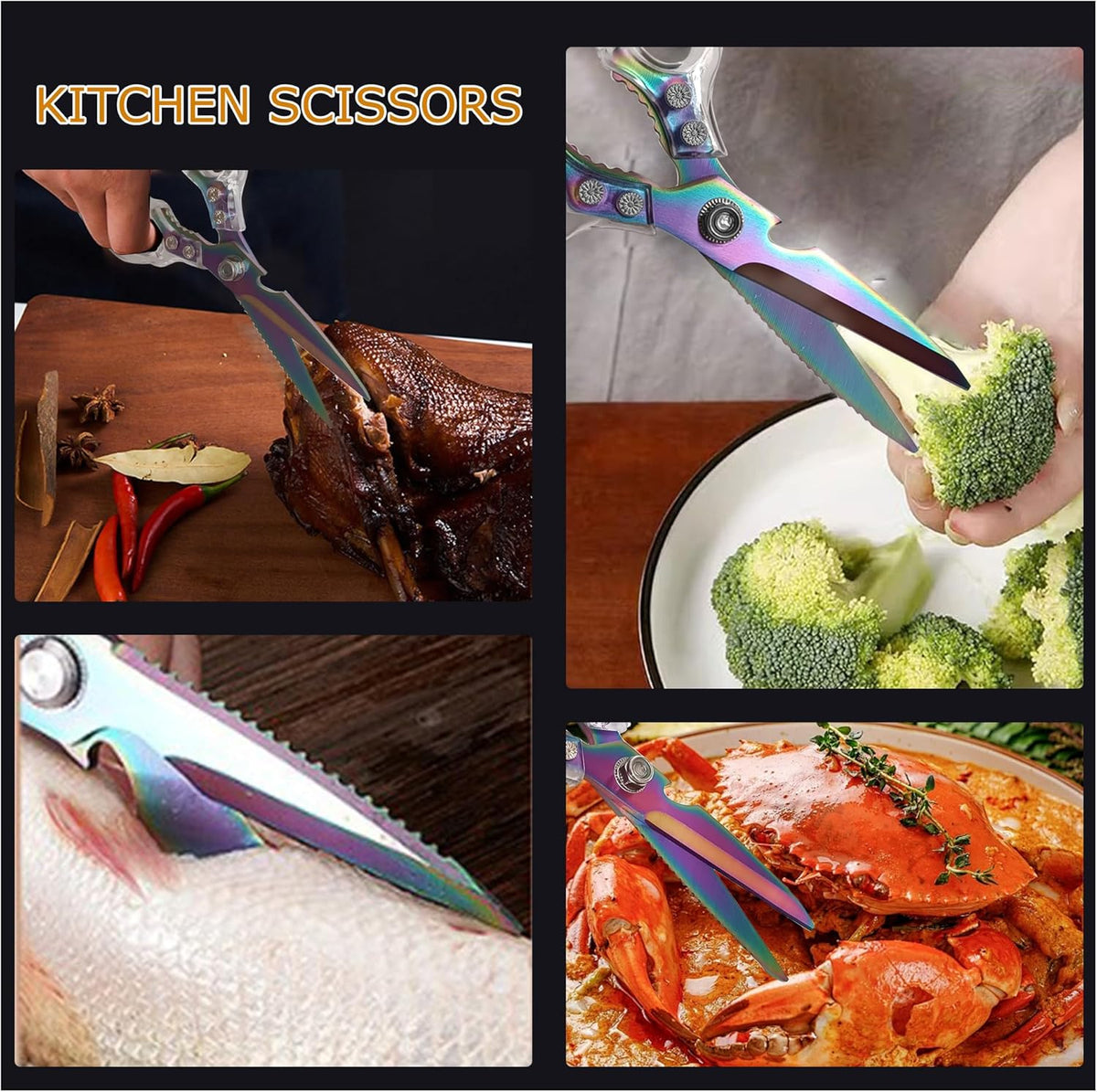 AWinjoy Heavy Duty Sharp Kitchen Scissors, Dishwasher Safe, Cooking Shears for Meat, Chicken, Fish, Poultry, Herb, Bread (Silver)