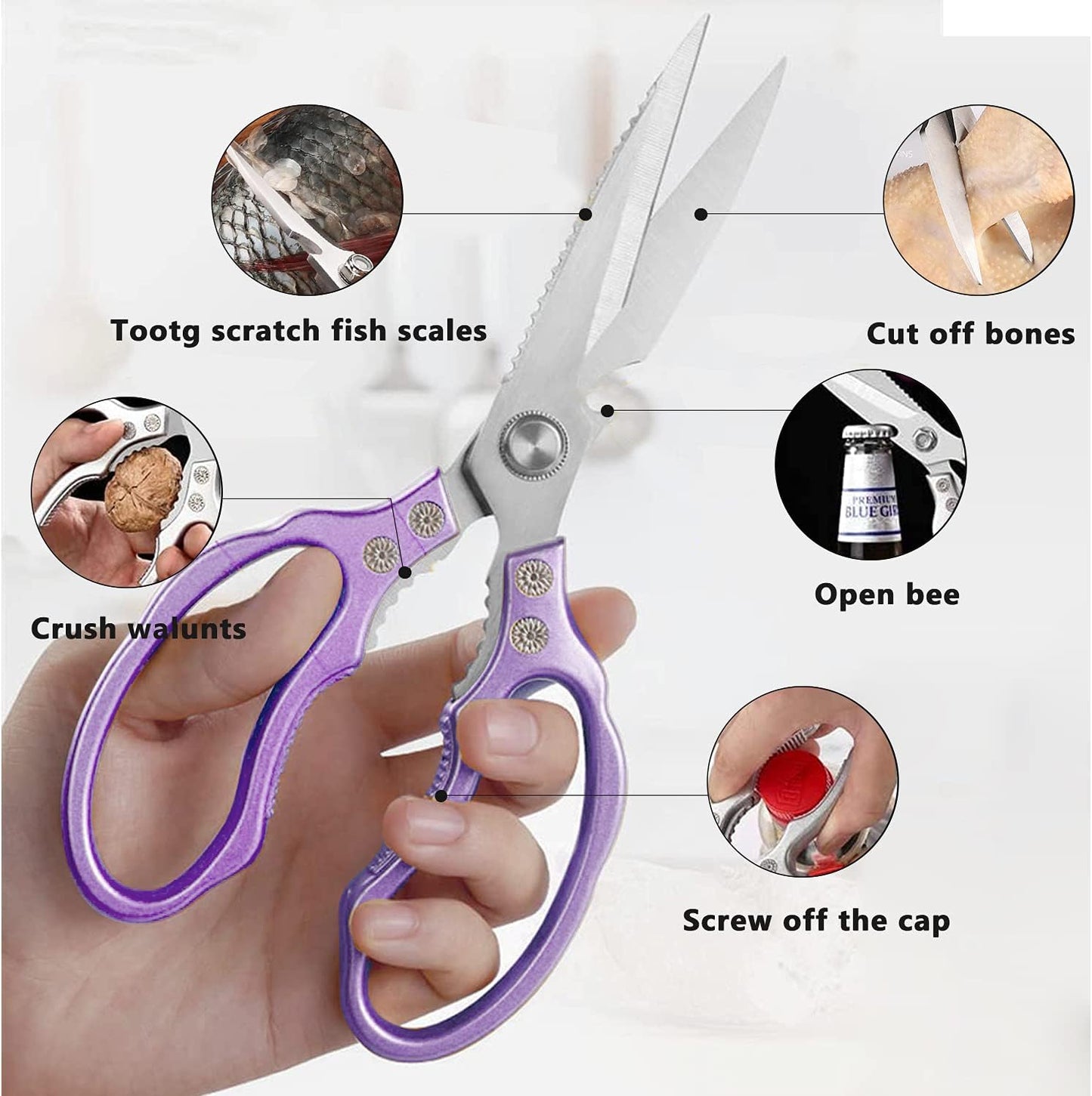 AWinjoy Heavy Duty Sharp Kitchen Scissors, Dishwasher Safe, Cooking Shears for Meat, Chicken, Fish, Poultry, Herb, Bread (Silver)