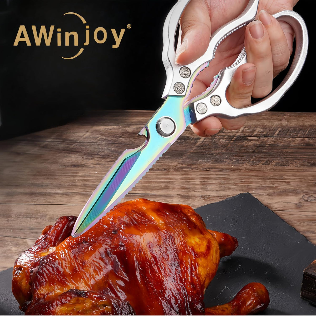 AWinjoy Heavy Duty Sharp Kitchen Scissors, Dishwasher Safe, Cooking Shears for Meat, Chicken, Fish, Poultry, Herb, Bread (Silver)