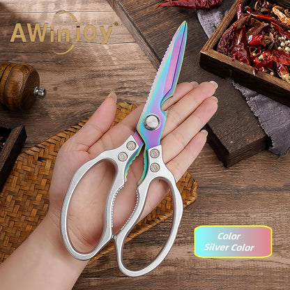 AWinjoy Heavy Duty Sharp Kitchen Scissors, Dishwasher Safe, Cooking Shears for Meat, Chicken, Fish, Poultry, Herb, Bread (Silver)